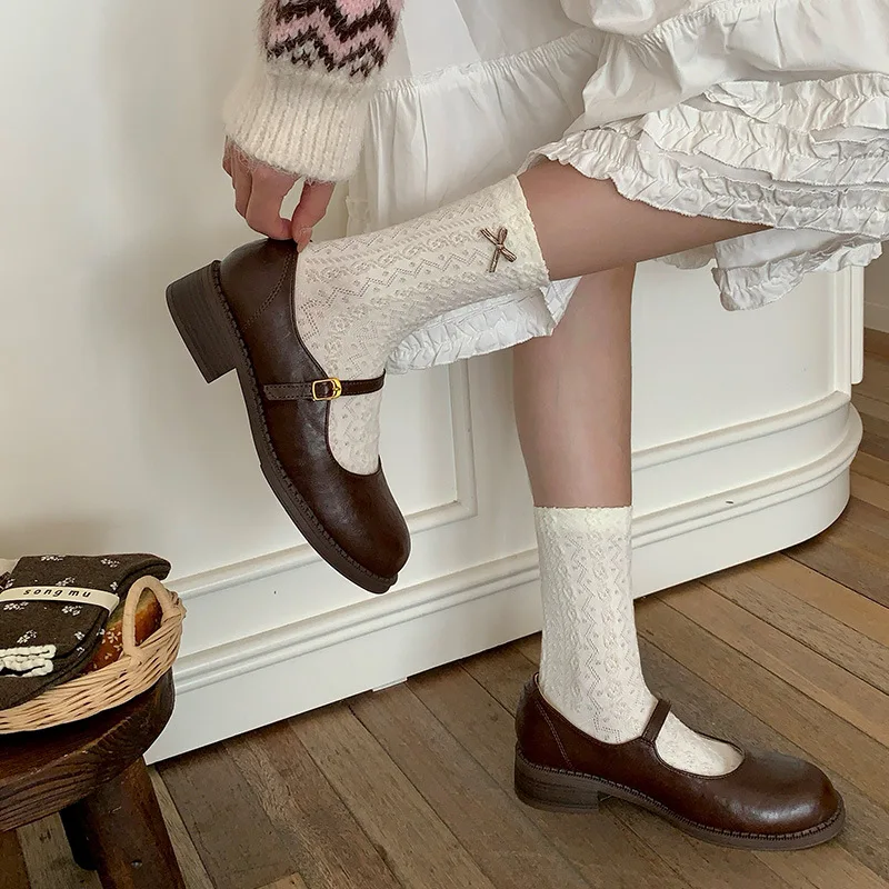 اليابانية الرجعية متوسطة جوارب أنبوبية النساء Harajuku لوليتا Kawaii الدانتيل كشكش الجوارب الحلو كلية نمط منقوشة خمر الجوارب النسائية