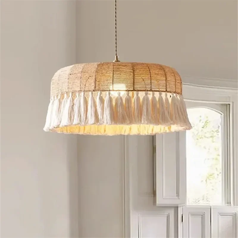

2025 Modern Scandi Hemp Rope Light Hanging Bohemian Home Decor Braided Tassel Lamp Retro Bedroom Restaurant Japanese Dining Roo