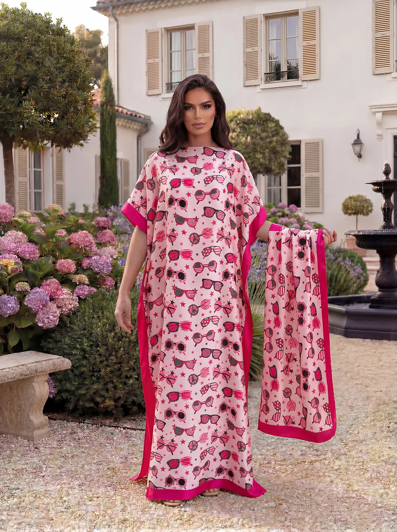 Sunglasses Star Print Satin Abaya with Matching Scarf, Loose Long Kaftan Robe, Summer Beach Outfit for African Muslim Women
