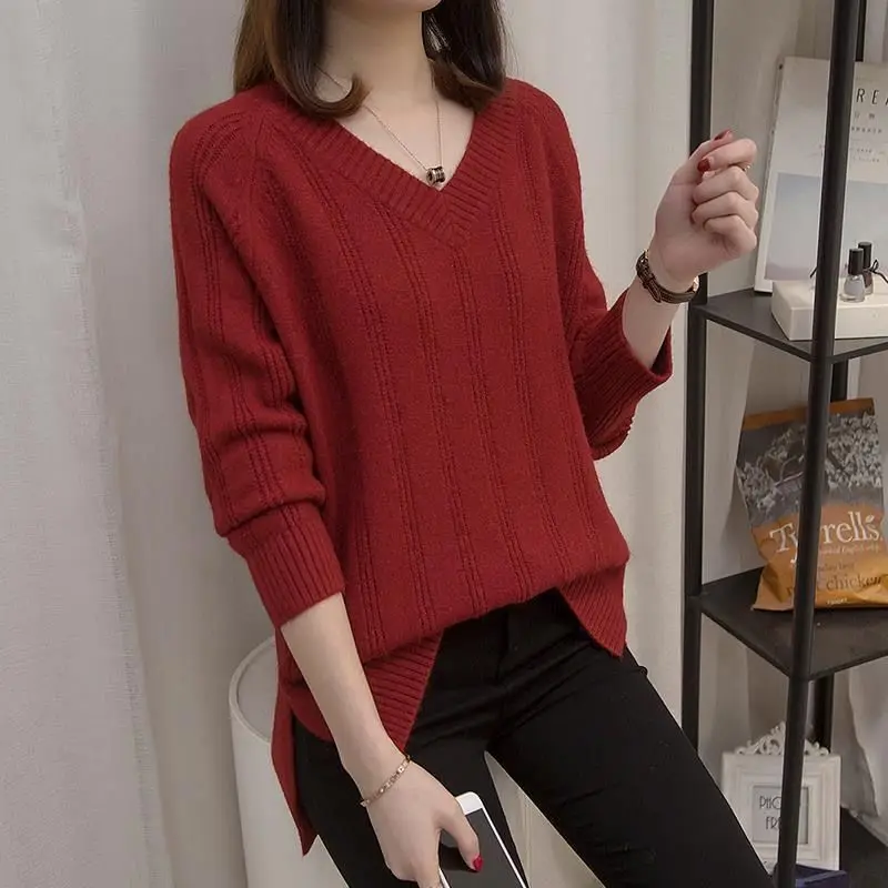 Autumn Winter Oversized V-neck Solid Sweater Top Women Simple All-match Bottoming Knitting Jumpers Loose Casual Fashion Pullover