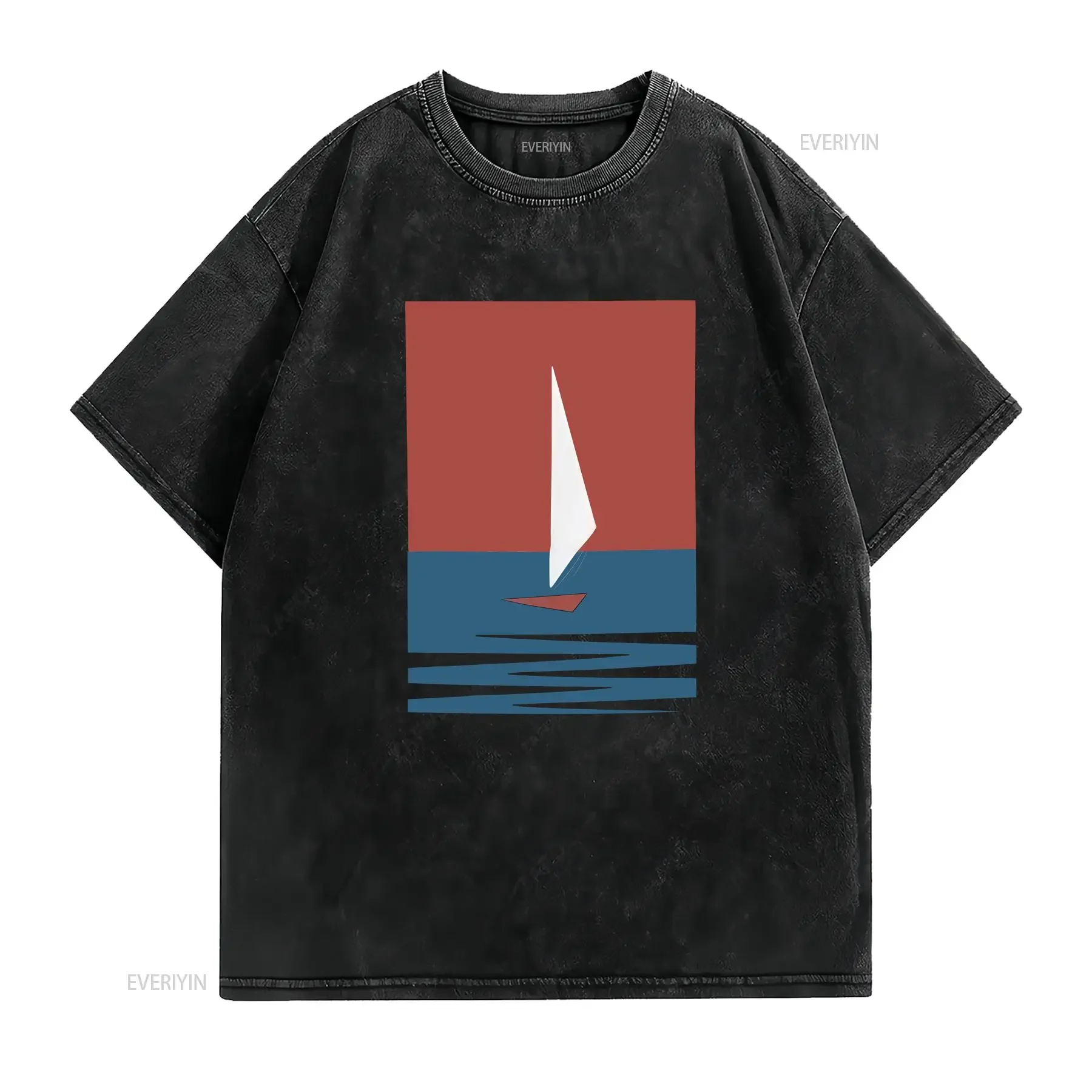 Retro Vibes Sunset Sailboat T Shirt Funky Vintage Minimalist Nautical for Ocean Sailing Lovers Geometric Matchbox Art Design