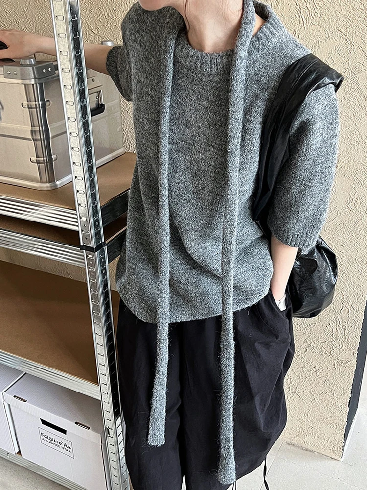 LANMREM-Pull Décontracté à Manches sulfet Col Rond pour Femme, Couleur Unie, à la Mode, Nouvelle Collection Automne 2024, 26C554