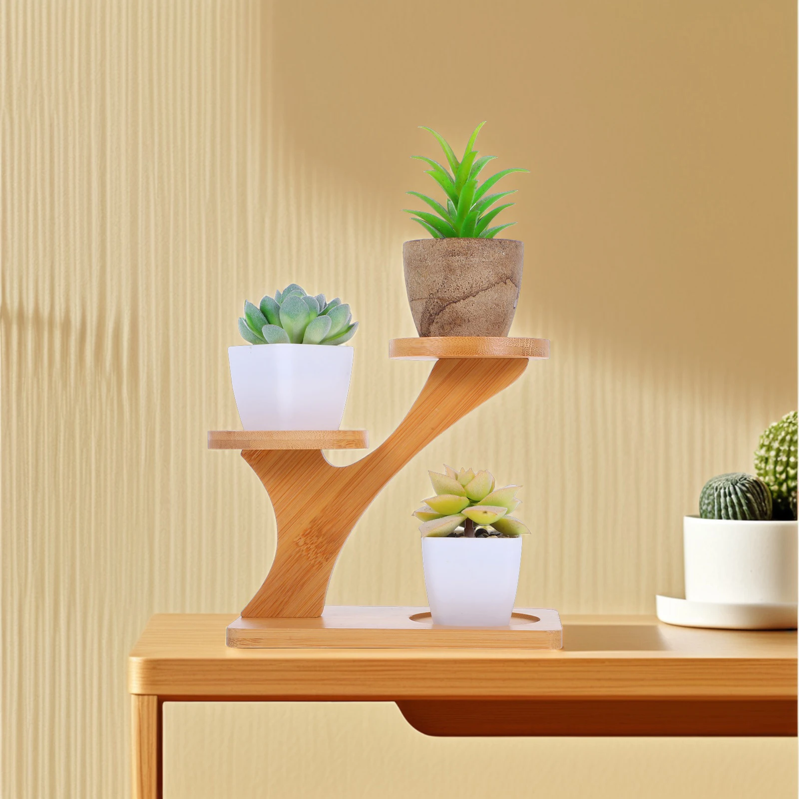 

2Pcs Bamboo Tray for Small Plants Base Multi layer St Desk Rack Retro Style Coffee Pad Kitchen Shelf Plant Display