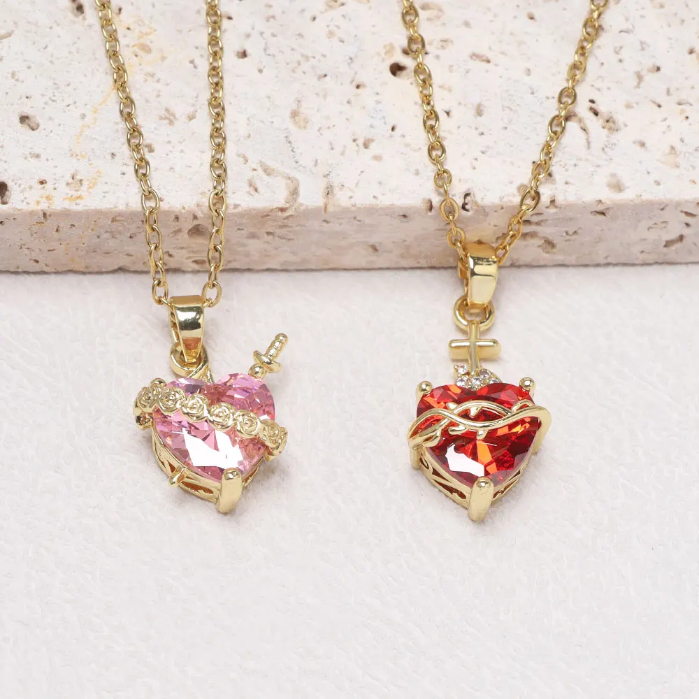 Sweet Love Heart Rhinestone Charms Pendant Necklace Cute One Arrow Through The Heart Rose Flower Around Necklaces Accessory