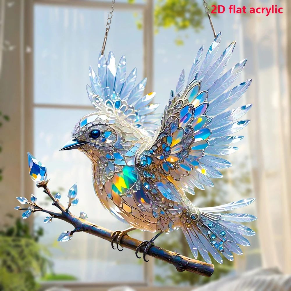 2D Pretty Bird Stained Window Hanging, Bird Art Pendant For Kitchen Livingroom Office, Halloween Fall Animal Lover Wreath Sign