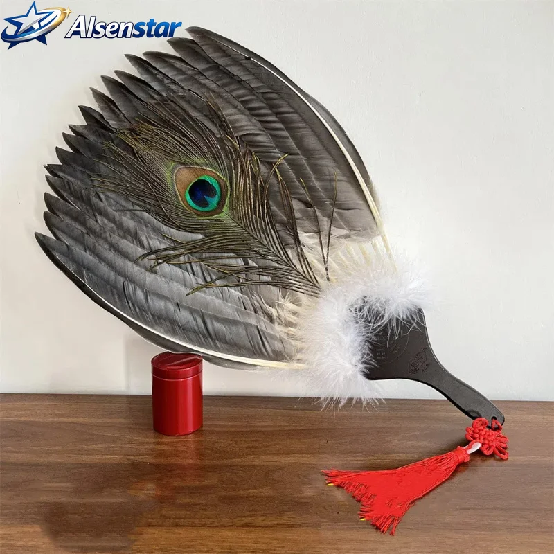 

Vintage Handmade Goose Feather Fan Chinese Traditional Zhuge Liang Kongming Stage Performance Costume Wedding Cosplay Photo Gift