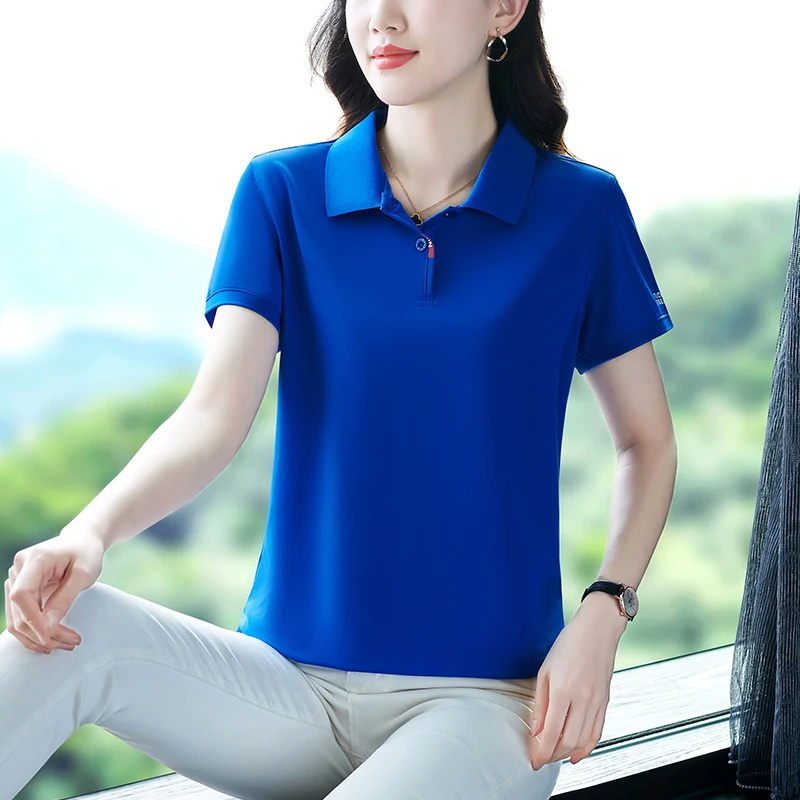 Moeroshe Summer Ice Silk Fabric Sports Short Sleeve Shirt Cotton Tee Women's T-shirt Oversized Knitted Ladies Polo Golf Female