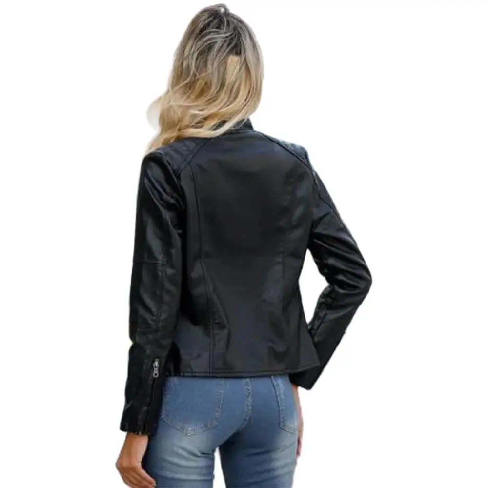 Chaqueta de cuero marrón con cremallera para mujer, abrigo de color rojo, negro, albaricoque, café, otoño y primavera