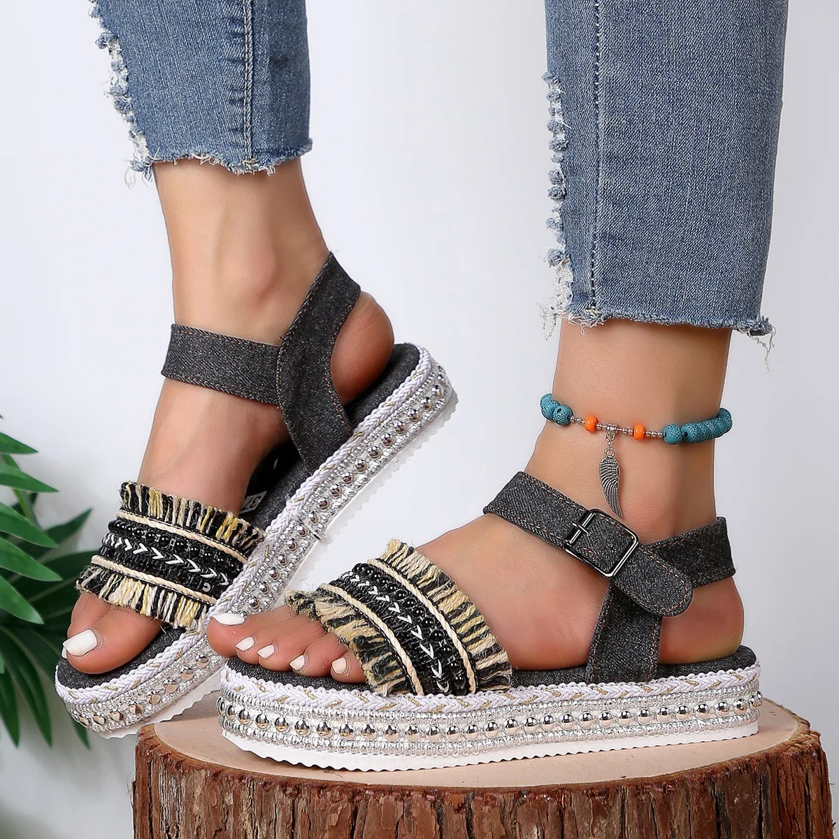 Ladies Shoes 2026 Fashion Buckle Strap Women's Sandals New Casual Tassel Summer Plus Size String Bead Open Toe Flat Sandals