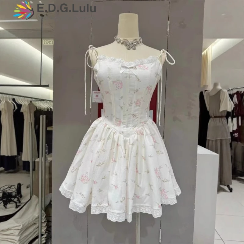 EDGLuLu Sommerkleid mit quadratischem Kragen, Spitze, Spleißen, Hosenträger, Damen, 2022, Strandurlaub, rückenfrei, Blumendruck, Minikleid