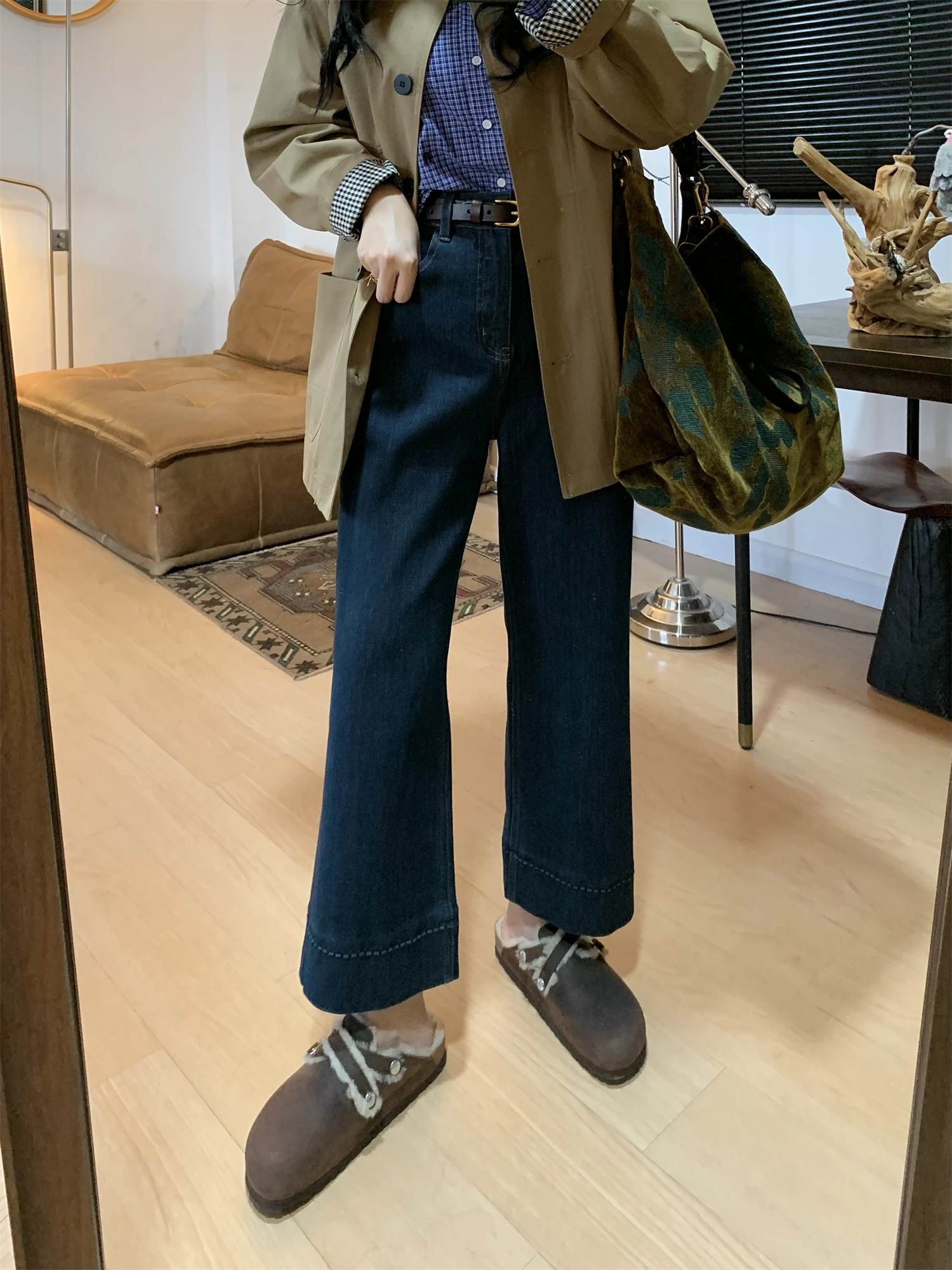 

Женские джинсы прямого кроя QinEition с высокой талией, эластичные в четырех направлениях, из денима Rollover Breadsti, осенняя коллекция, повседневные, стильные