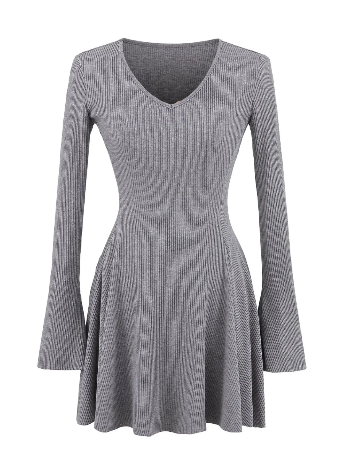 Romantic  Color Knitted ort Dr Women's Slimming V-Ne Long Sve Vest A-Line Skirt High Waist Commute Sle Sprin...