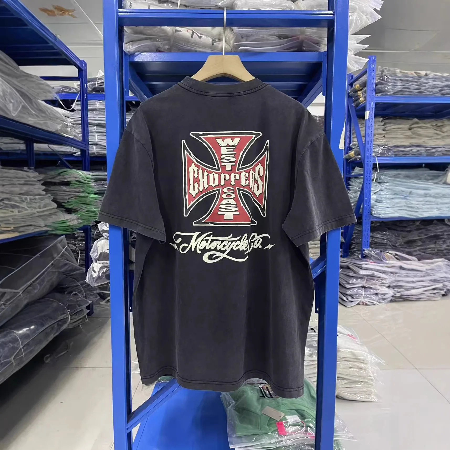 West Coast Choppers Cross-Print Washed Water-Damaged Loose Retro Short-Sleeved T-Shirt