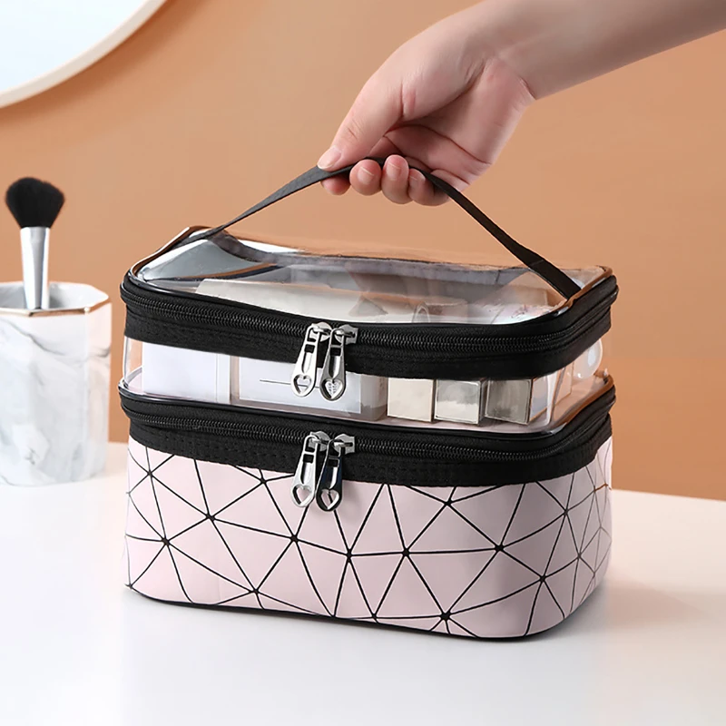 Functional Double-layer Clear Makeup Bag with Wide Opening and Sturdy Handles for Organization of Cosmetics and Toiletries