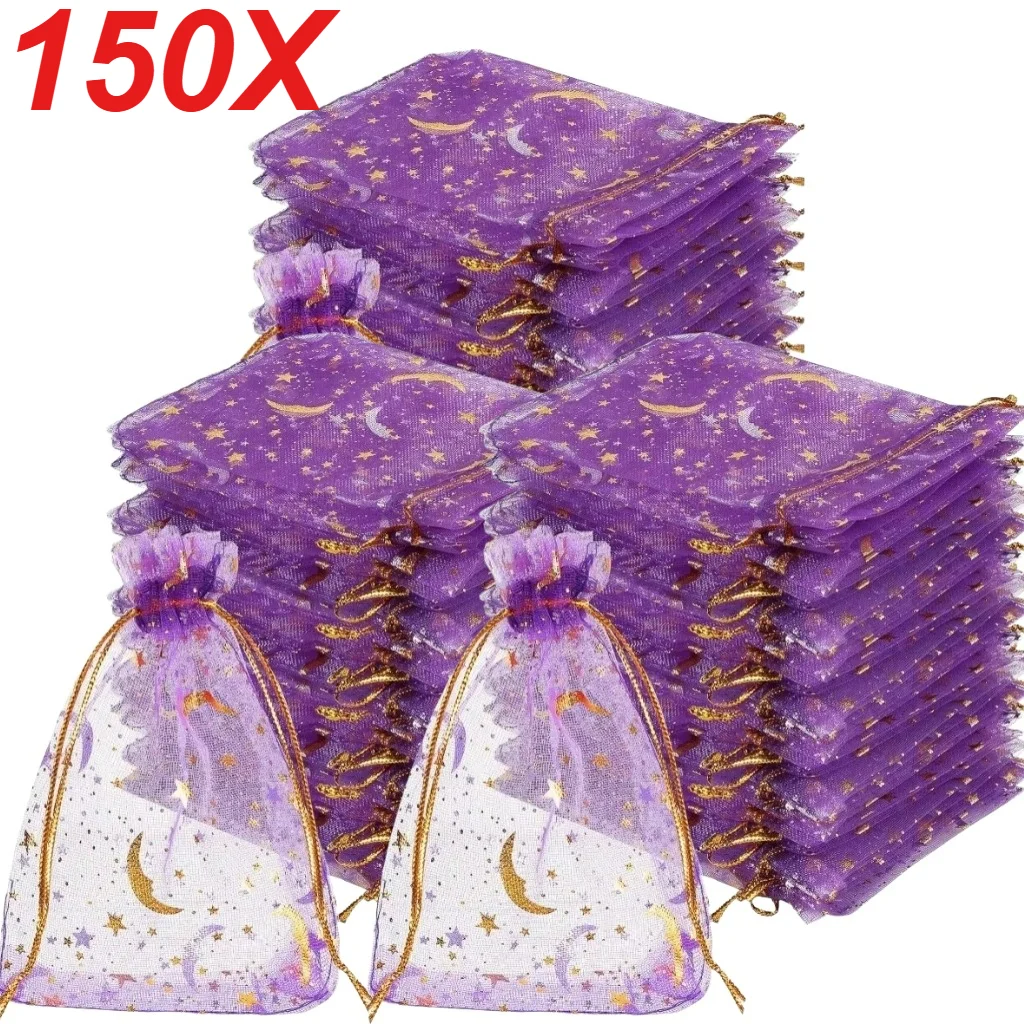 150 Stück Lila Mond-Sterne Organza-Beutel mit Kordelzug, Schmuck-Geschenktaschen, Gold-Stern Organza-Geschenkbeutel für Weihnachten und Hochzeit – Detail 1