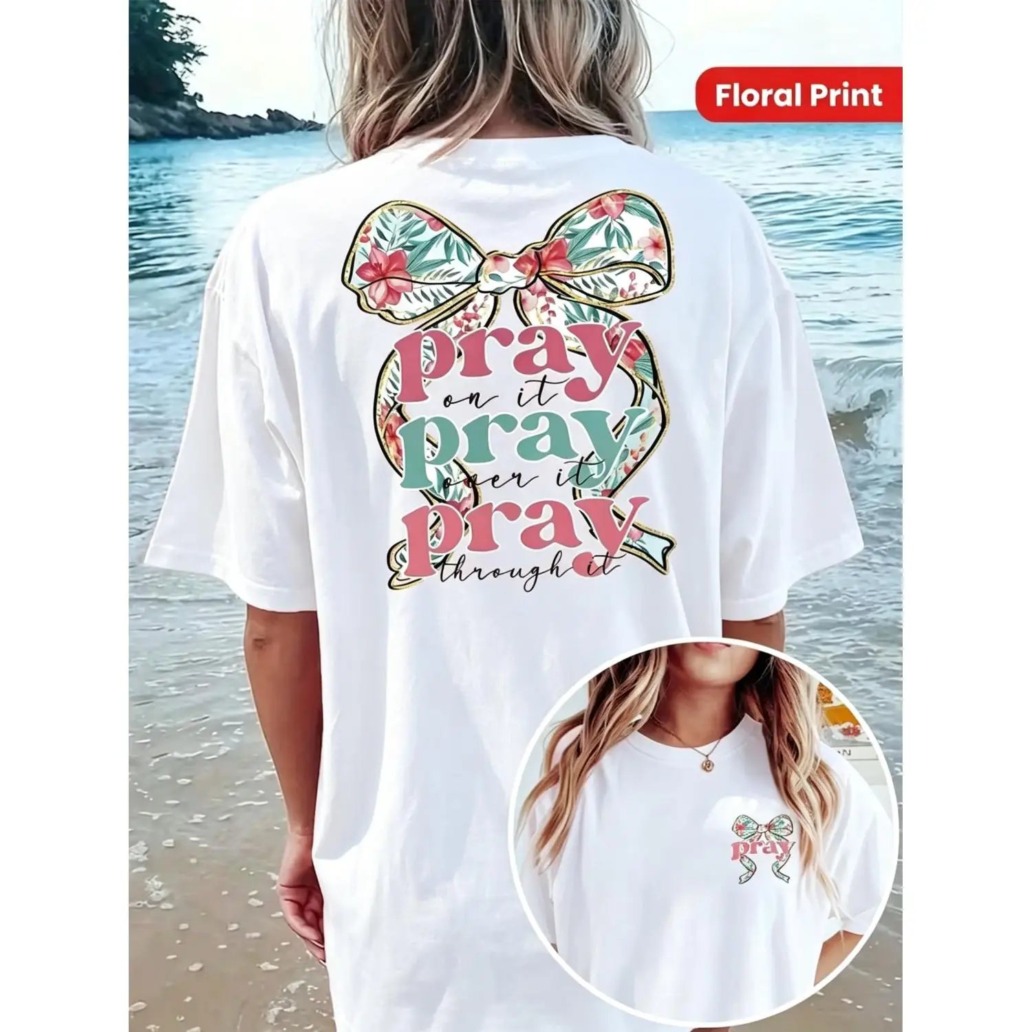 Women's Plus Size Casual Bow & Floral Print T-Shirt - 