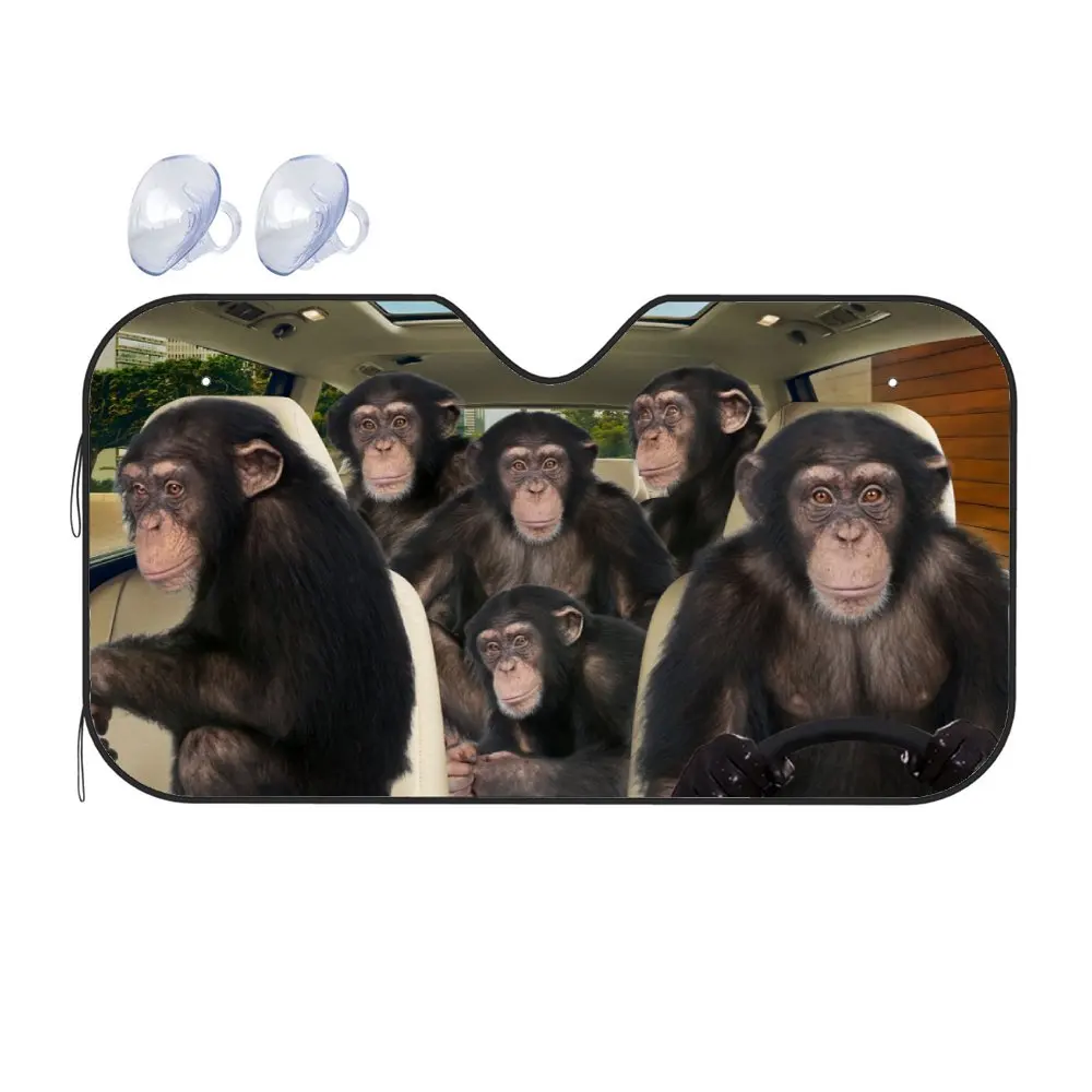 Animal Chimpanzees Driving Car Interior Front Windshield Sun Shade, Cute Parrot Sunshade for Truck SUV- Blocks Uv Rays Protector