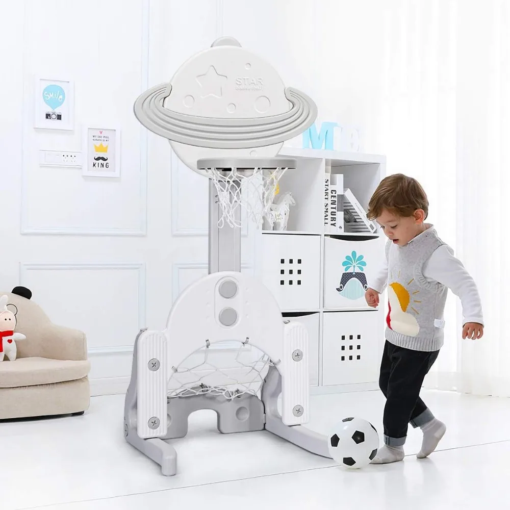 Aro de baloncesto para niños con alturas ajustables, centro de actividades deportivas para niños pequeños, juego de baloncesto, fútbol y golf para niños