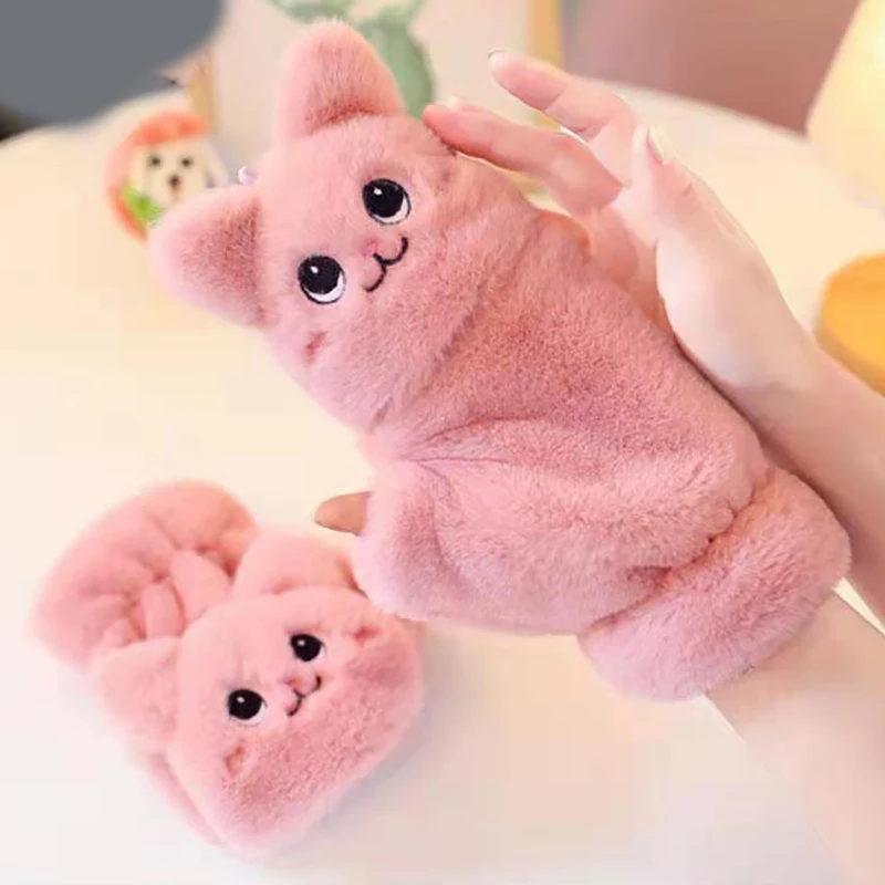 Cute Rabbit Fur Knit Mittens Plush Fingerless Gloves Flip Half Finger Driving Glove Winter Soft Warm Thick Gloves For Women Girl