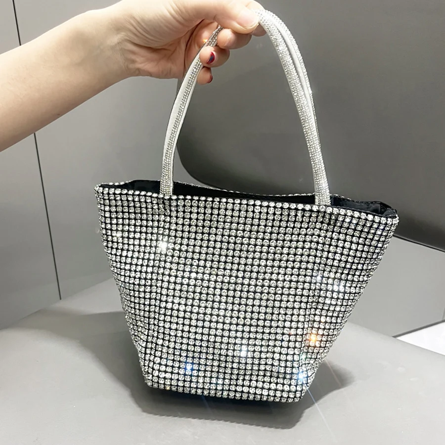 Shiny All-Crystal Chain Bucket Shoulder Bag Rhinestone Handmade Purses and Handbags Luxury Designer Evening Clutch Bag Purse Sac