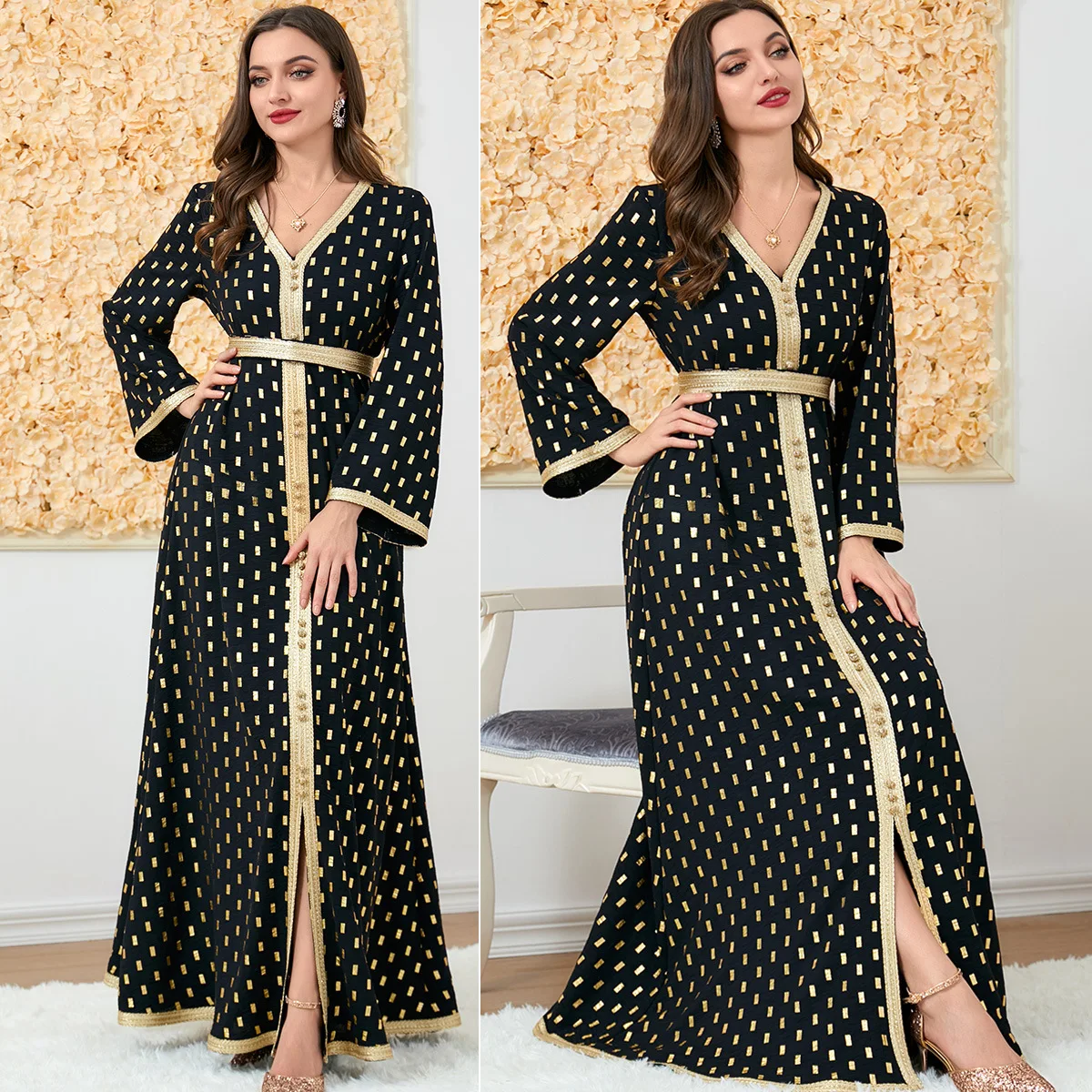 Middle East Dubai Muslim Women's Fashion Dress Gold Stamped Long Dress Women's Arab Robe Printed Loose Sleeve Islamic Dress