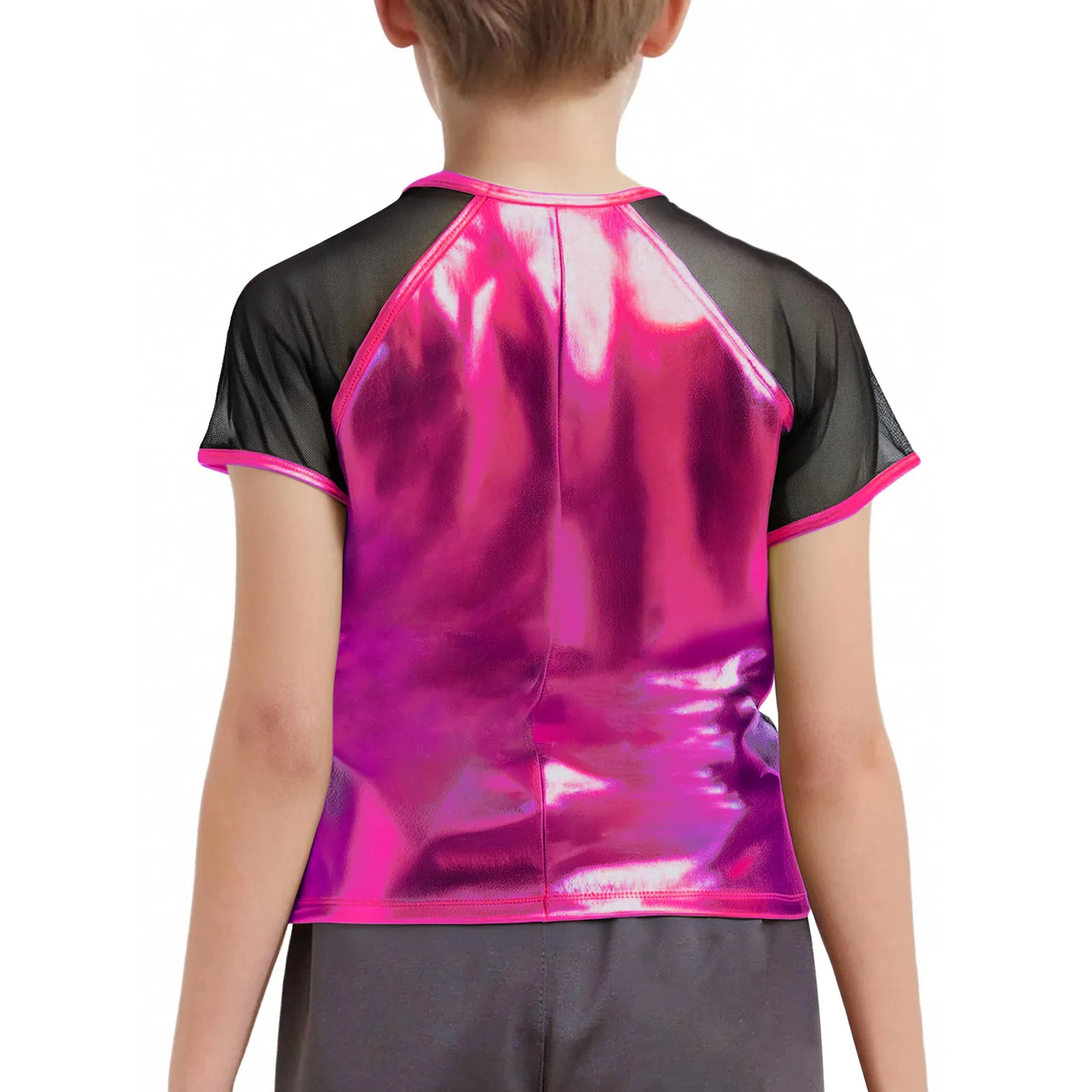 Crianças meninas meninos jazz hip-pop rua moderna dança desempenho traje pura malha manga curta em torno do pescoço metálico camiseta blusa