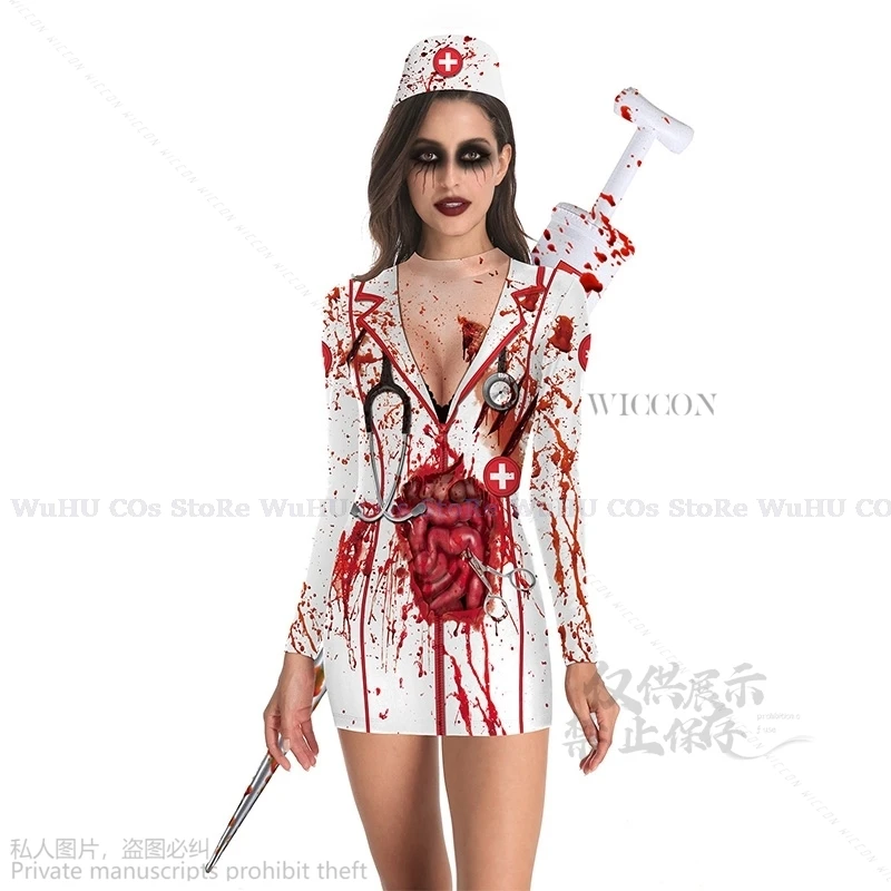 Halloween Horror Blood Nurse Uniform Cosplay Costumes Women Girls Dress Sexy Lolita Ainme Skirt Party Carnival Masquerade Suit