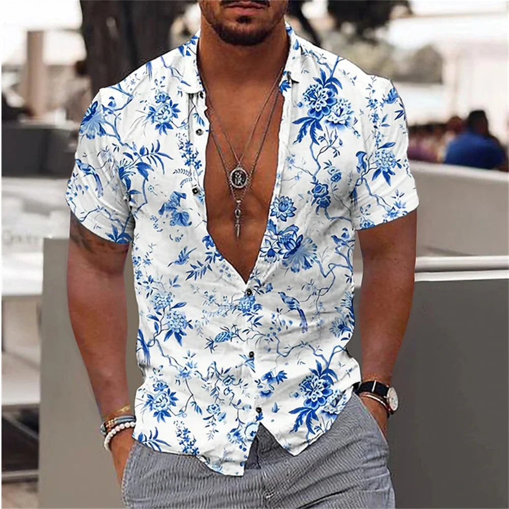 Men's New 2024 Popular Flower Print Outdoor Casual Button Flip Collar Short Sleeve Shirt Soft and Comfortable XS-6XL