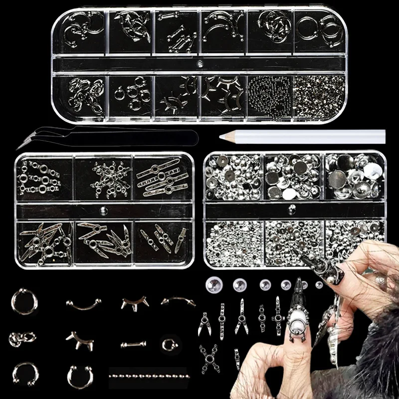 3BOX Y2K Gothic Punk Nail Art Kit - Mixed Silver 3D Metal Studs & Rhinestones, Nail Charms Set with Tweezers for Acrylic Nails.