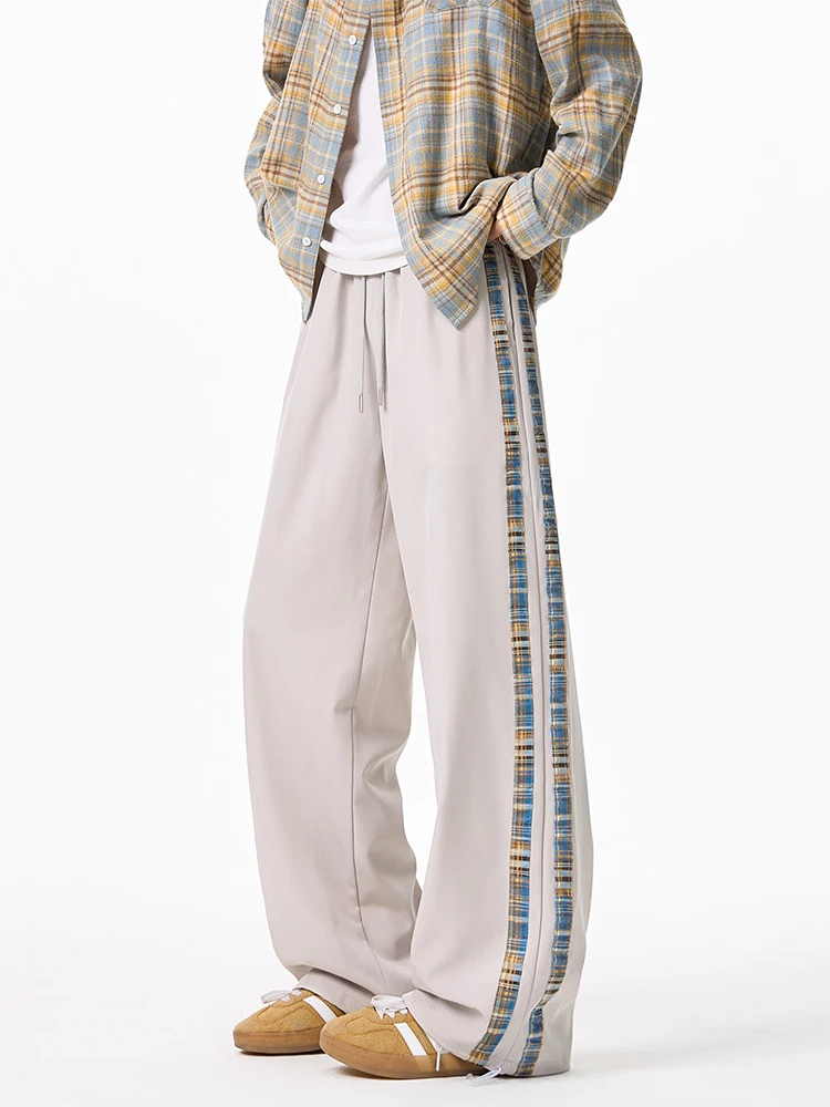 

Мужские спортивные повседневные брюки в американском стиле, весна-осень, с боковыми полосками, модные, винтажные, свободные, широкие, прямые, из ледяного шелка, для отдыха