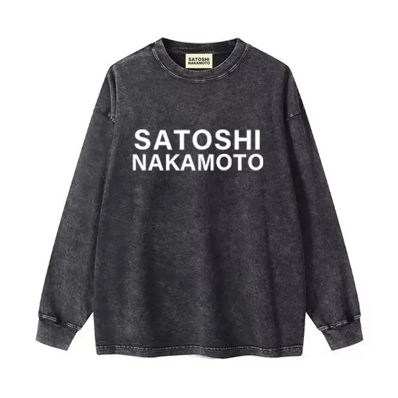 Retro Washed Long Sleeve T-Shirt Couple Style American Trend Print Letter Unisex Autumn Breathable Cotton Casual round Neck