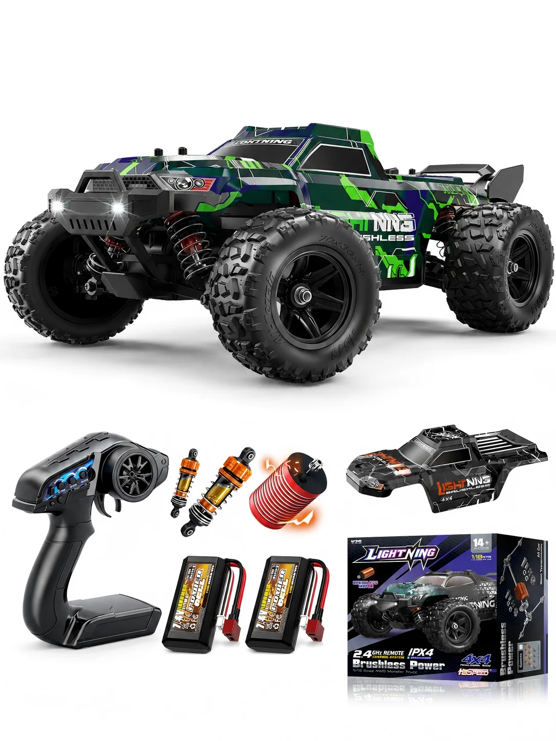 Momhs18-51max 1:18 Bürstenloser 4WD RC-Truck für Erwachsene & Kinder ab 10 Jahren, Offroad RTR Truck mit ölgefüllten Stoßdämpfern, Vollmetall-Antriebsstrang, 2 Trommeln & 2 Karosserien