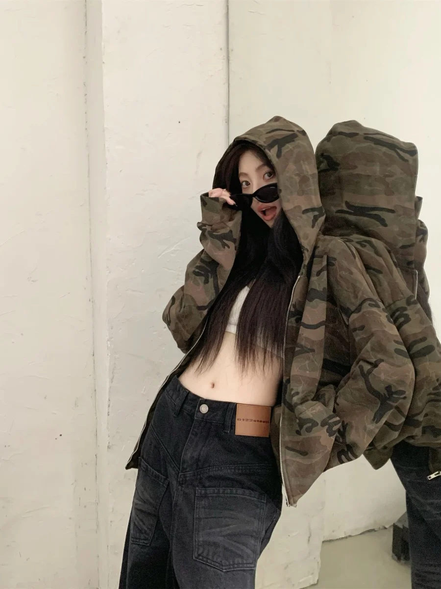 Retro Camouflage Long Sve Hoodie Jaet Loose American Sle Versatile Casual Zipper Top Trendy Women's Outerwear