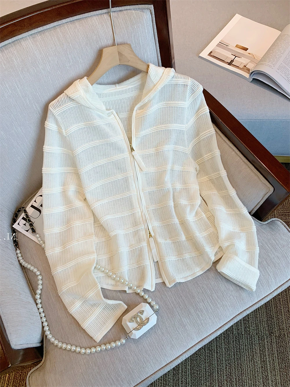 

Milk White Heavyweight Hollow Double Zipper Hooded Knitted Jaet Women's Autumn Lazy Sle Retro Versatile Long Sve Top