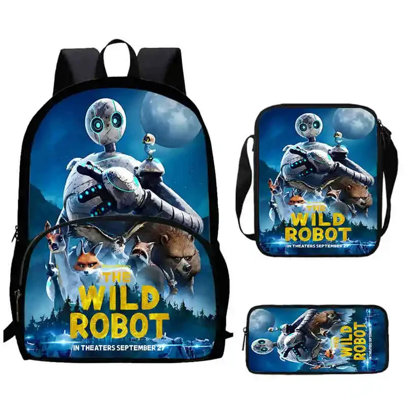 Cartoon Movie W-Wild-R-Robot Child Backpack with Front Pocket,Shoulder Bag,Pencil Bag for Aged 5-10 Anime Bag Boy Girl,Best Gift