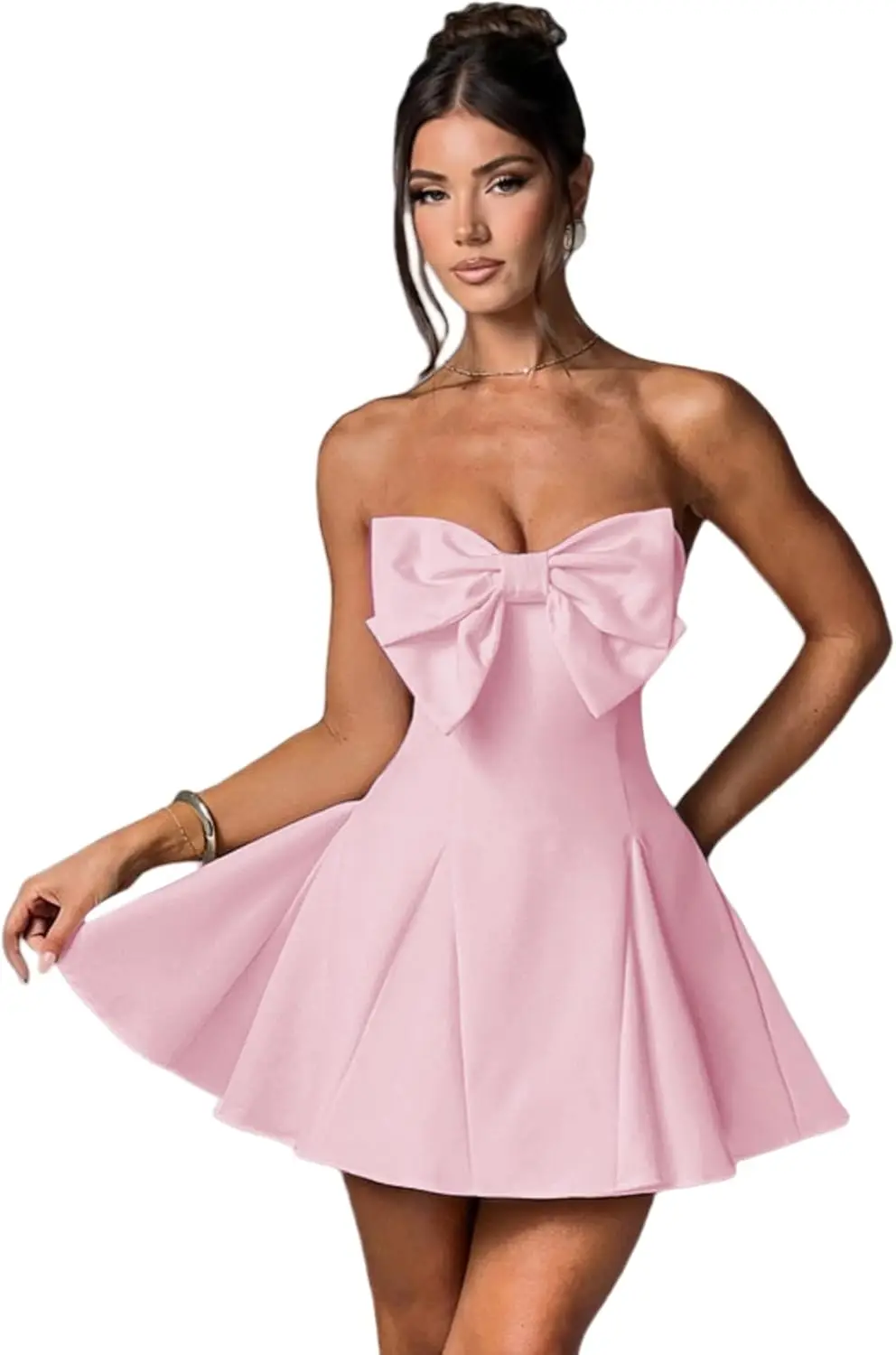 Elegante strapless homecoming-jurk voor dames met strikdetail, A-lijn mini-swingbuis, korte avondfeest-galajurk, boven de knie