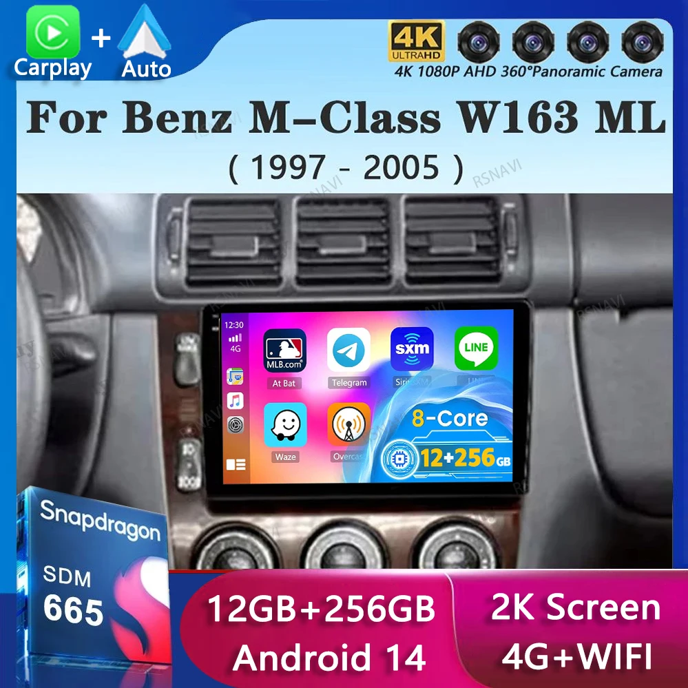 Android 14 Wireless Carplay Auto For Mercedes Benz M-Class W163 ML 1997-2005 Navigation GPS Multimedia Video Player Stereo 2din