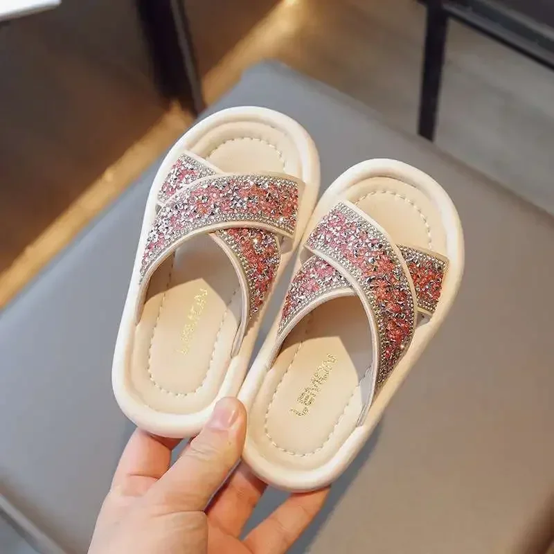 

Summer 2025 Kids Slippers Girls Student Indoor Outdoor Diamond Princess Shoes Tiger Class Monitor Cute Children Sandals Free Shi