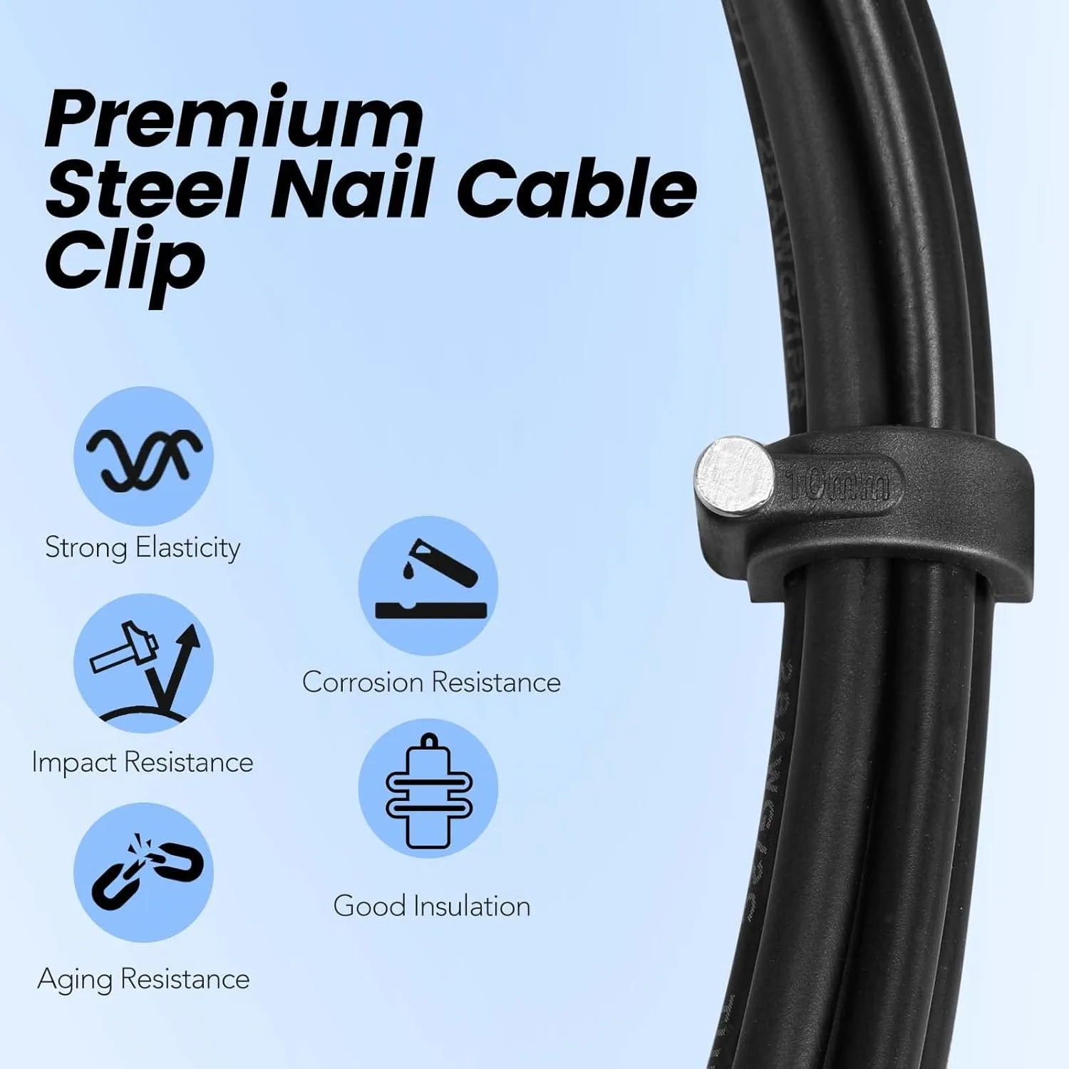 Black Cable Cord Clips, 4mm 6mm 8mm 10mm, Wire Wall Clips with Steel Nails, Ethernet Cable Clips, Cable Tacks Coax Cable Clips