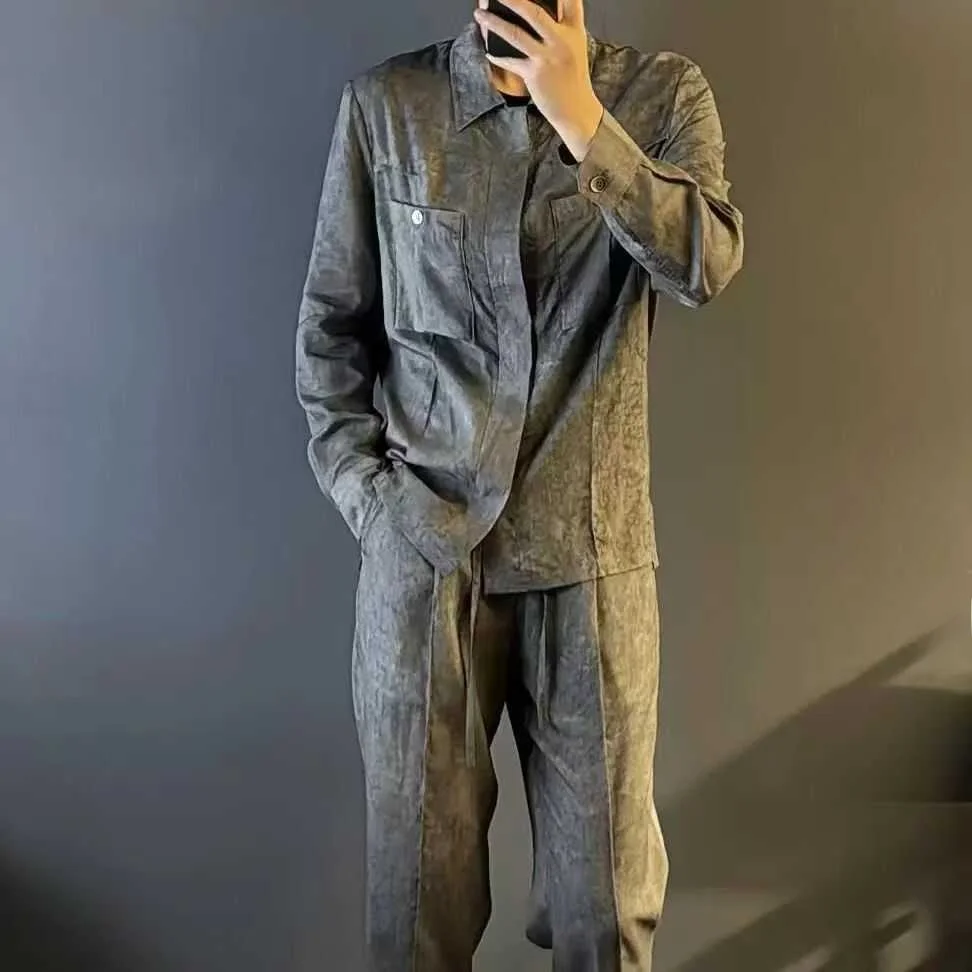 

Повседневный длинный комплект в стиле ретро, мужской осенний тонкий роскошный трендовый свободный комплект из двух предметов, легкий и удобный комплект с несколькими карманами