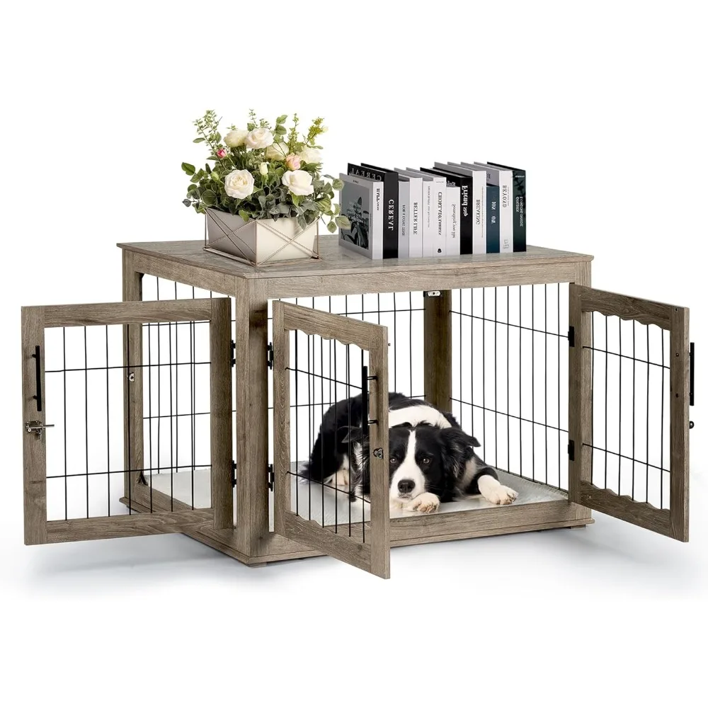 

38 inch Large Dog Crates with Bed Mat, Wooden Dog Kennel Furniture, End Side Table Dog Cage with 3 Doors, G