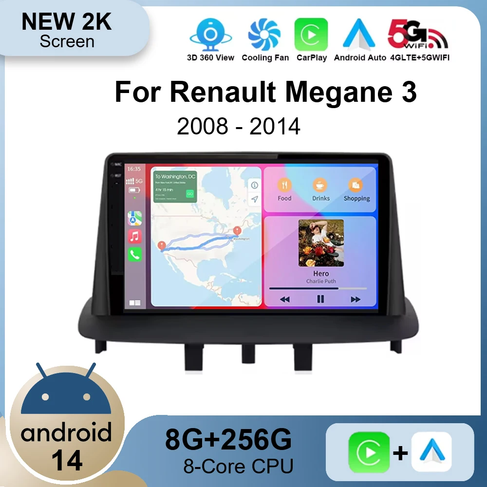 Android 14 Carplay Auto Car Radio for Renault Megane 3 Fluence Samsung SM3 2008 - 2014 Multimedia Player 2 Din GPS 4G+WIFI