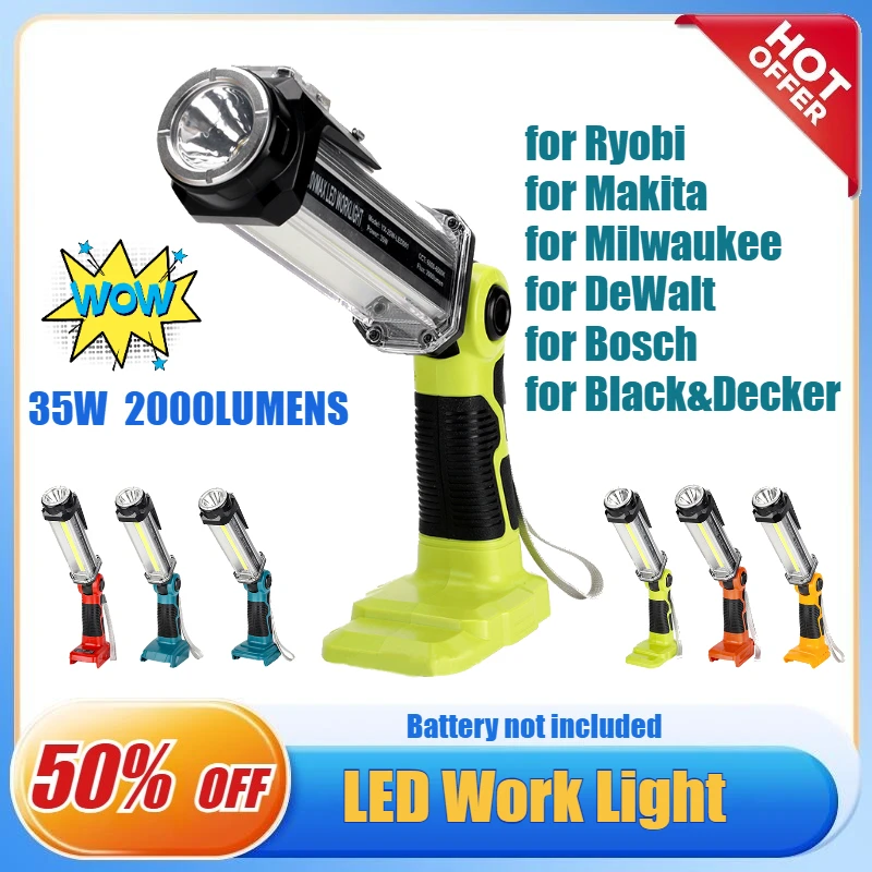 Cordless Portable Flashlight for Ryobi/Makita 18V Battery 35W 2000LM LED Work Light with 5V/2.1A USB-A Charging Port Spotlight