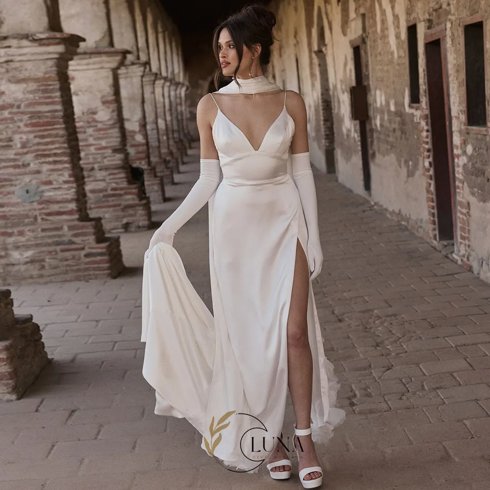 Luna Spaghetti Straps V-Neck Satin Wedding Dress with Slit Modern Civil Bridal Gown Vestidos De Novia Customized Bridal Gown