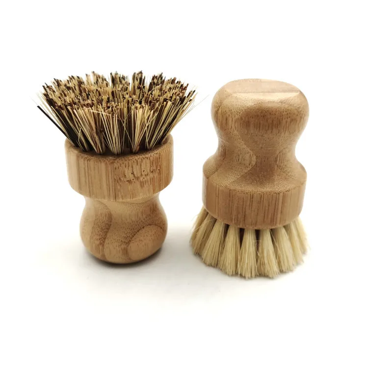 Kitchen cleaning brush Sisal hemp rough palm short handle round dish brush Dish washing brush Bamboo wood pot brush