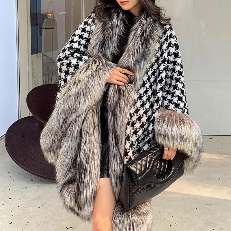 Fashion Lattice Woolen Cape Coat Winter Warm Houndstooth Wool Poncho With Real Fox Fur