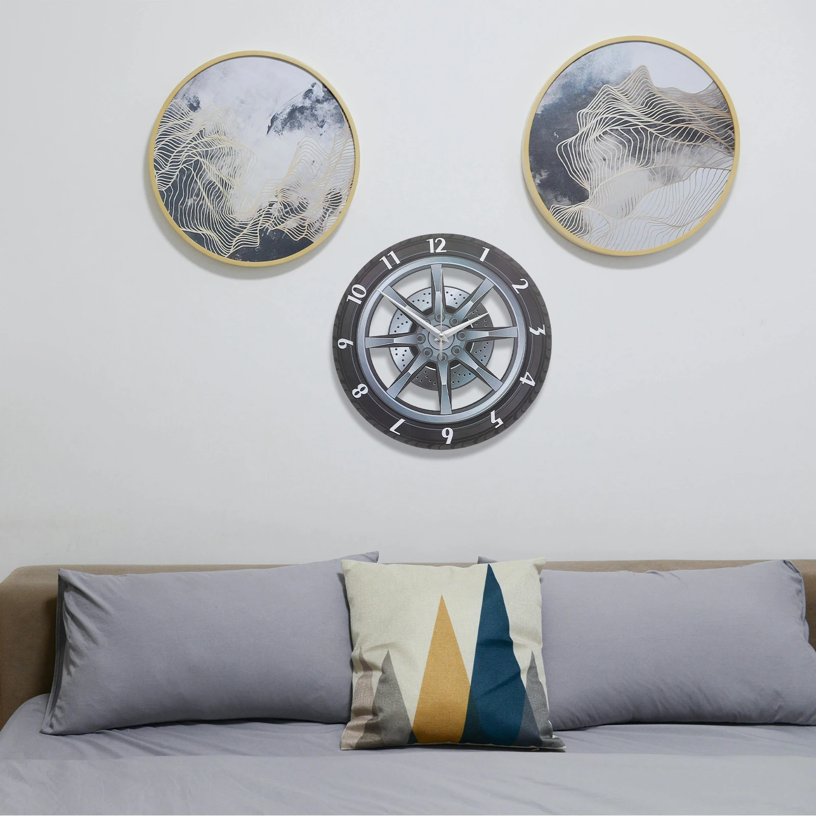 

3D Car Wheel Wall Clock Round Black Tire Shaped Silent Home Decor Living Room Garage Stylish Acrylic Durability Wear Resistance