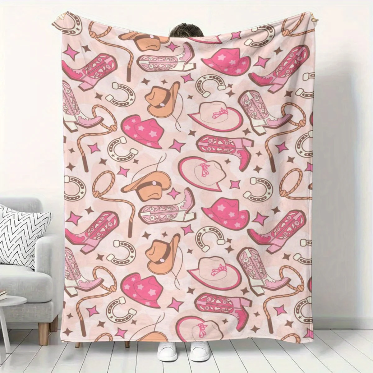 

1 шт. фланелевое одеяло с принтом в стиле вестерн-ковбой и ботинок — мягкое, уютное, теплое розовое покрывало с цифровым принтом для дивана, дивана, кровати