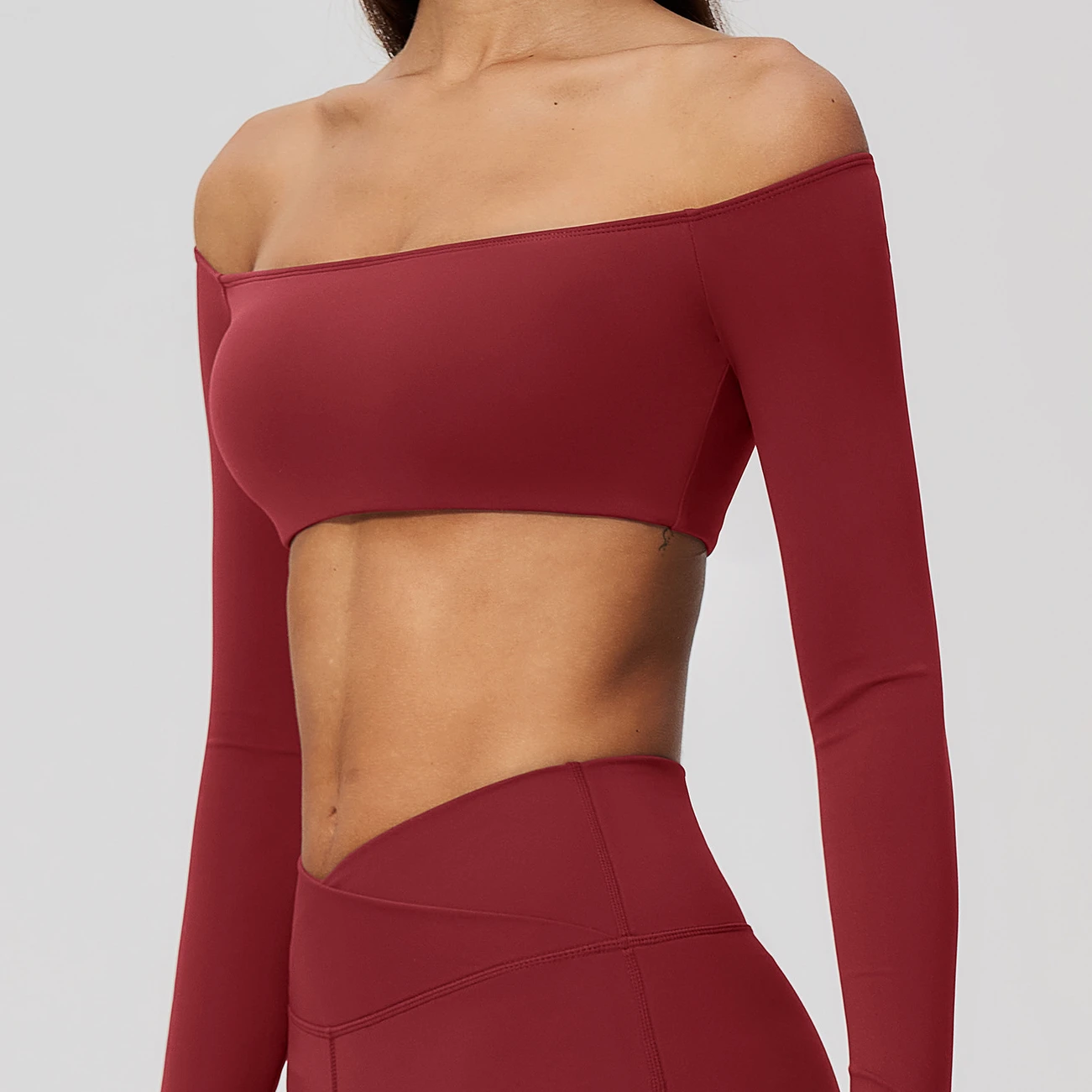 Women Shirts for Workout Off Shoulder Sports Tops Yoga Long Sleeve Crop Top with Cup Fitness Tights Activewear