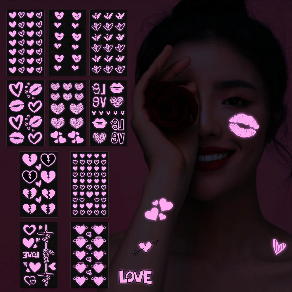 

10sheets UV Neon Temporary Tattoos Pink Heart Shaped Shimmer Designs Love Glow In The Dark Tattoos Flash Fake Waterproof Tattoos